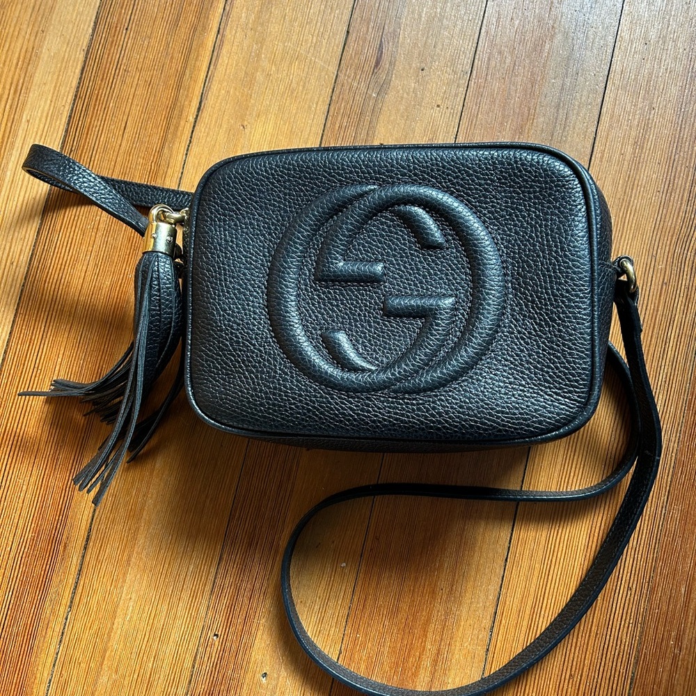Gucci Black Disco Crossbody Bag with Embossed Logo and Adjustable Strap